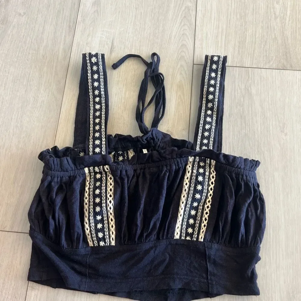 Free People Tops Crop Blue White Embroidered size s